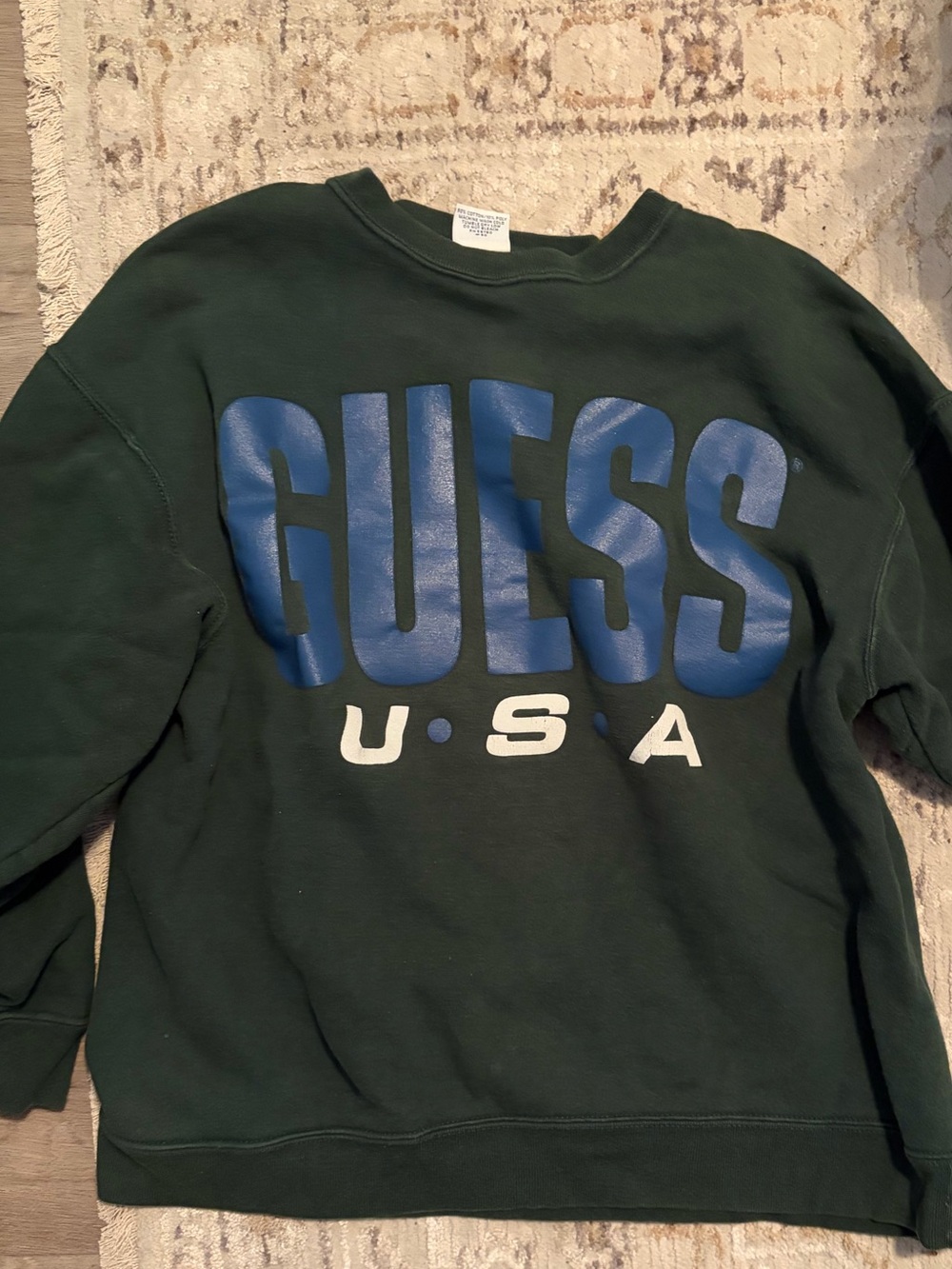 Vintage Guess Green Sweatshirt with Blue Logo and White USA